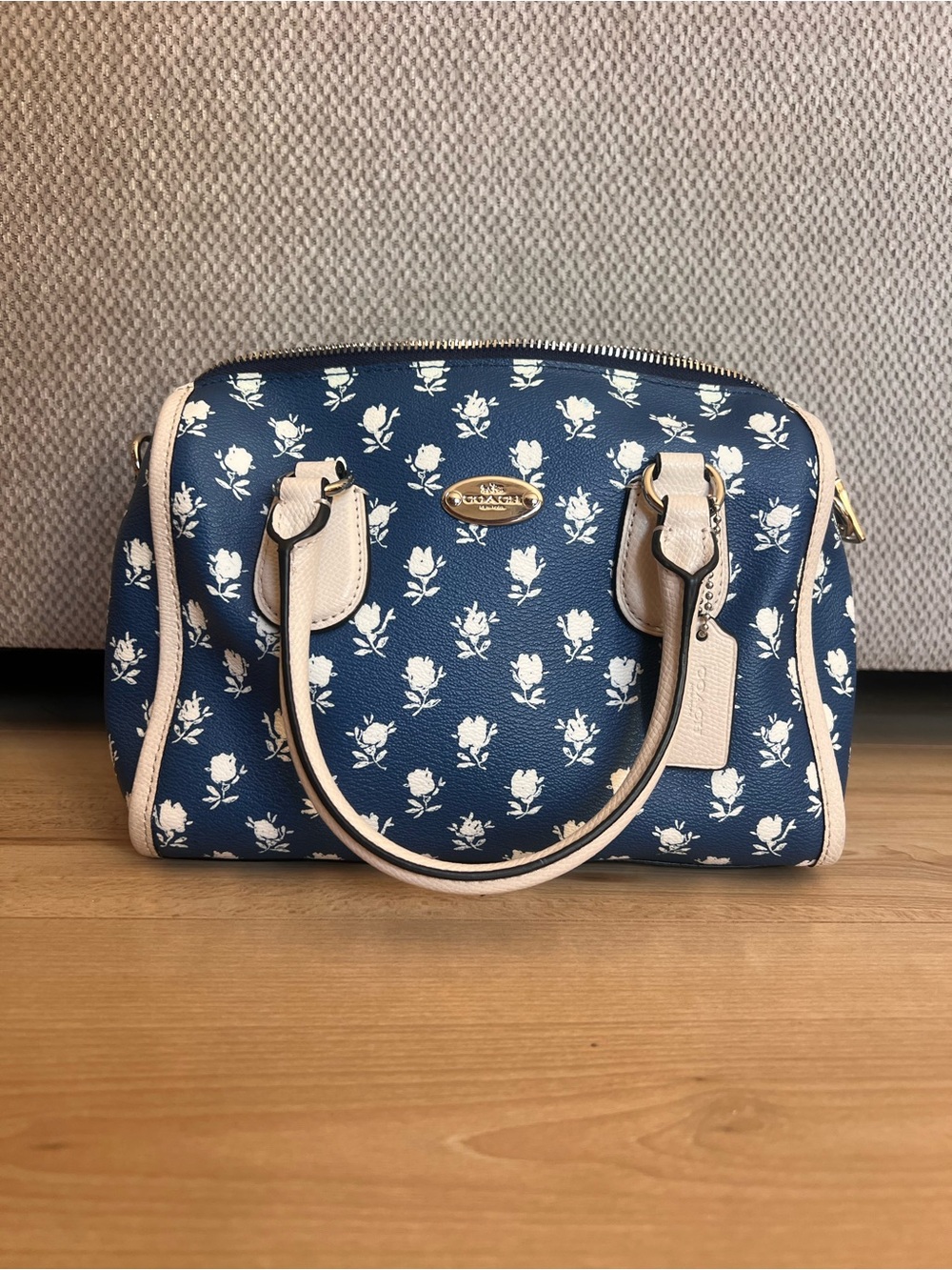 Coach Navy Floral Dome Satchel with Cream Trim